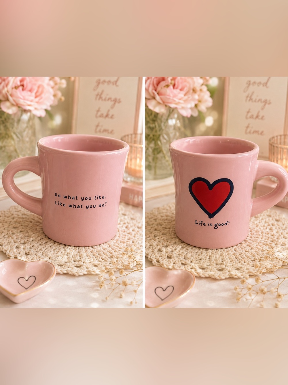 Life is Good Pink Heart Ceramic Mug- NEW